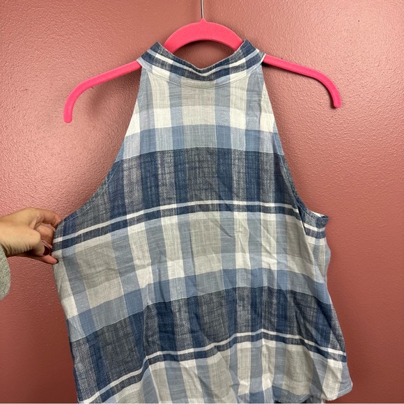 Cloth & Stone cotton blend blue plaid halter top buttons down back size small - Picture 2 of 7
